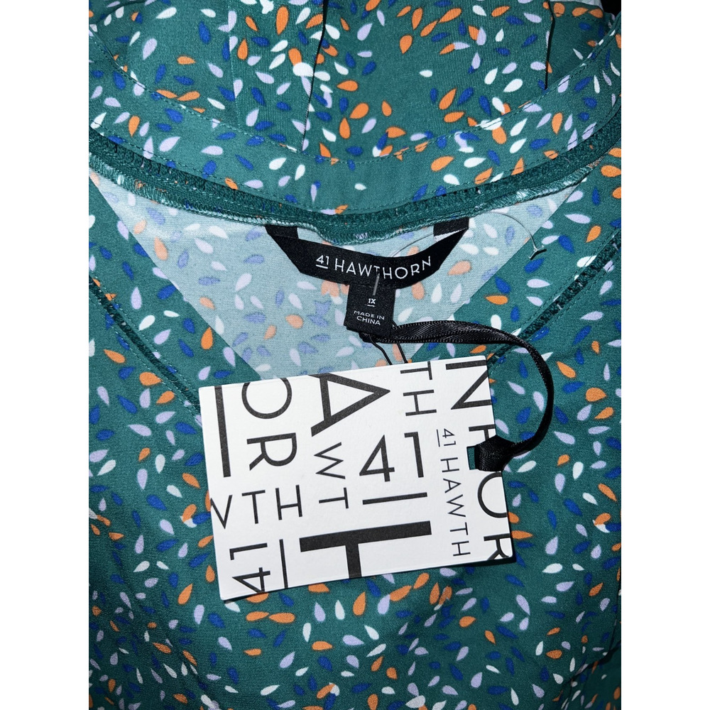 New 41 HAWTHORN Top Size 1X Green Orange Print Tulip Short Sleeve Blouse Tunic - Picture 6 of 6